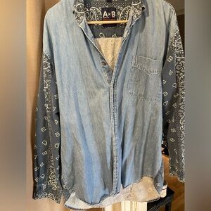 Light Blue Denim Button-Down Shirt with Navy Bandana Sleeves